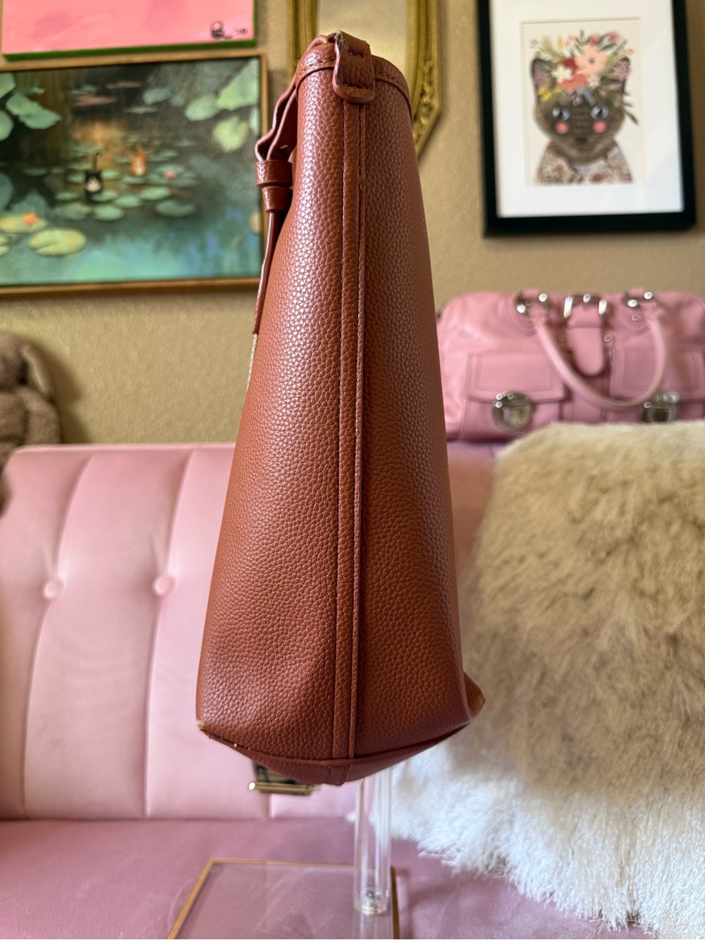 💯Auth! Emporio Armani Saddle Brown Leather Bag Tote Branded Strap Gold Hardware - Picture 2 of 16